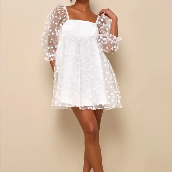 sheer white polka dot dress Sheer Long Sleeves Polka Dot A-Line Wedding Dress EU46
